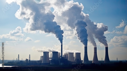 co2  Power plant with smoking chimneys on a background of blue sky.Factories release CO2 into the atmosphere.Concept of carbon trading market.Atmospheric pollution air pollution concept