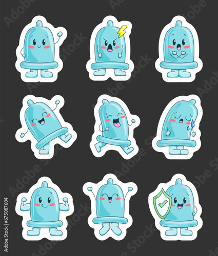Cute happy condom characters. Sticker Bookmark. Safe sex, contraception. Kawaii emoji preservative. Funny cartoon emoticons. Vector drawing. Collection of design elements.