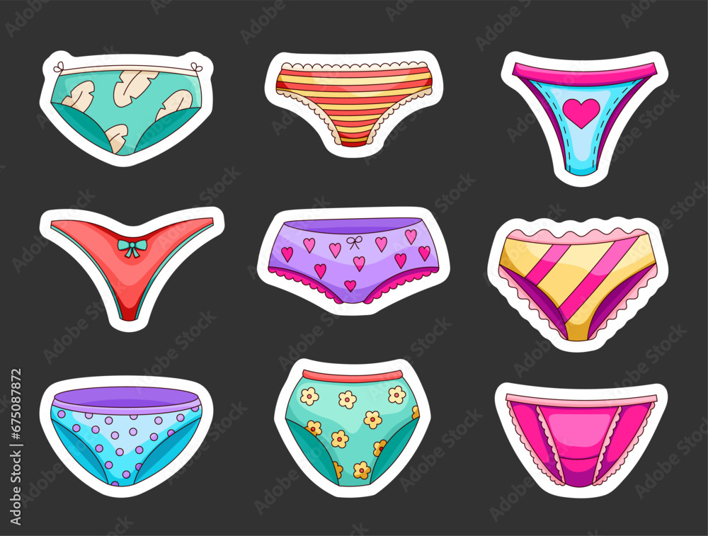 Women lingerie panties. Sticker Bookmark. Underwear types string, thong