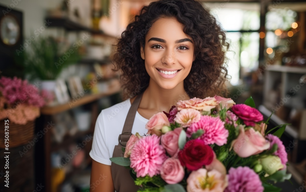 A young beautiful woman sells flowers in a flower shop A young beautiful woman sells flowers in a flower shop