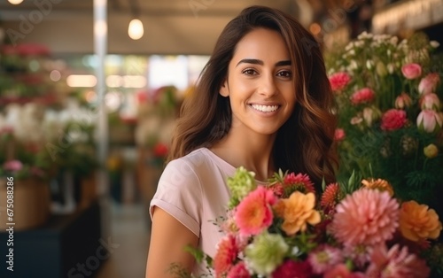 A young beautiful woman sells flowers in a flower shop