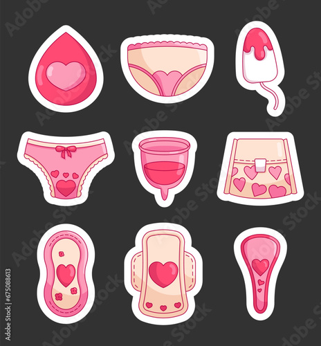 Gynecological feminine hygiene products. Sticker Bookmark. Drop, panties, tampon, menstrual cup, female pad. Hand drawn style. Vector drawing. Collection of design elements.