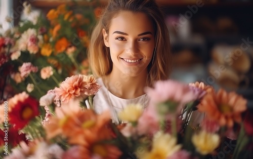 A young beautiful woman sells flowers in a flower shop © piai