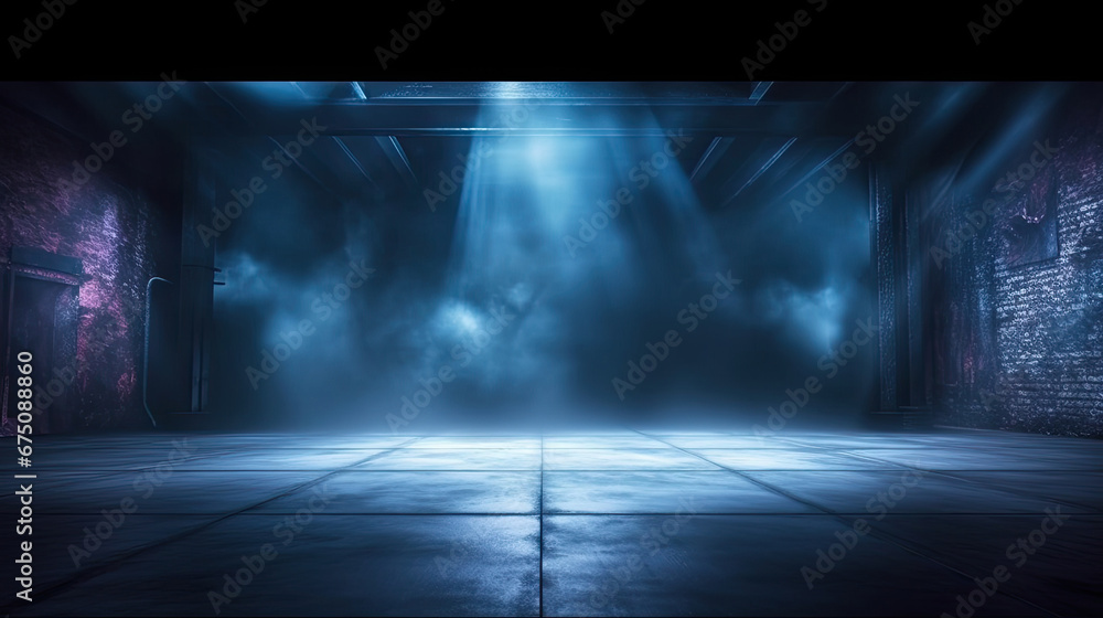 Obraz premium A dark empty street, dark blue background, an empty dark scene, neon light, spotlights The asphalt floor and studio room with smoke float up the interior texture. night view