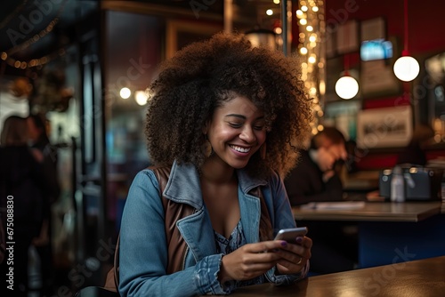 A young African woman looks at her smartphone and smiles in a cafe. The concept of the joy of communication. Generated by AI.