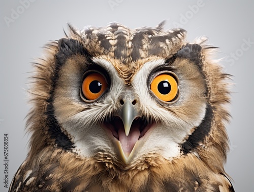 A young owl with big eyes and an open beak looks forward. Generated by AI.