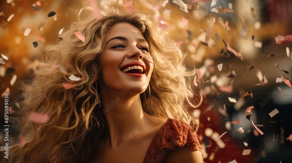 Naklejka premium Young happy, cheerful girl with curly hair at a holiday, falling confetti, carnival new year