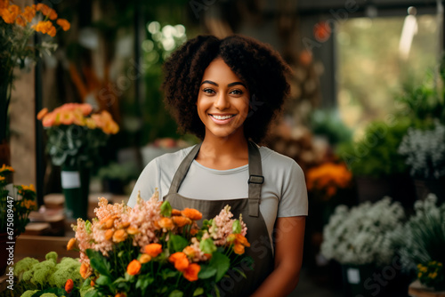 Bright image of a young African female florist and gardener posing in a greenhouse, embodying a small business owner in a charming flower shop. Bright image.  © Uliana