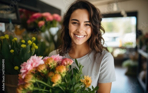 A young beautiful woman sells flowers in a flower shop © piai