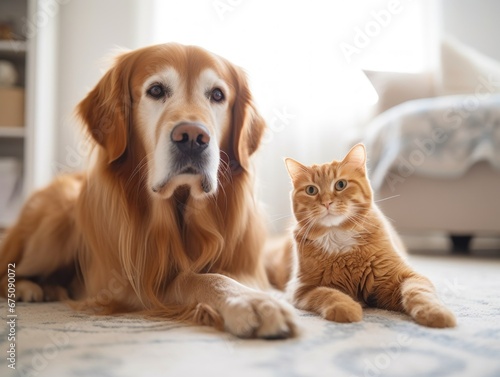 adorable ginger cat and a loyal golden retriever