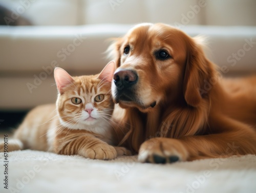 adorable ginger cat and a loyal golden retriever