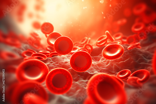 3D render depicting red blood cells in a vein with depth of field, showcasing the directional flow within a blood vessel. Bright image.  photo