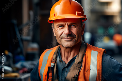 A middle-aged or older man working on a construction site, wearing a hard hat and work vest, with a smirking expression. Bright image.  © Uliana