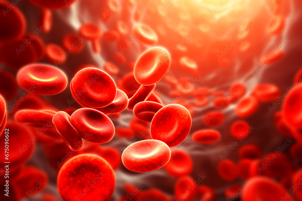 3D render depicting red blood cells in a vein with depth of field, showcasing the directional flow within a blood vessel. Bright image.  - obrazy, fototapety, plakaty 
