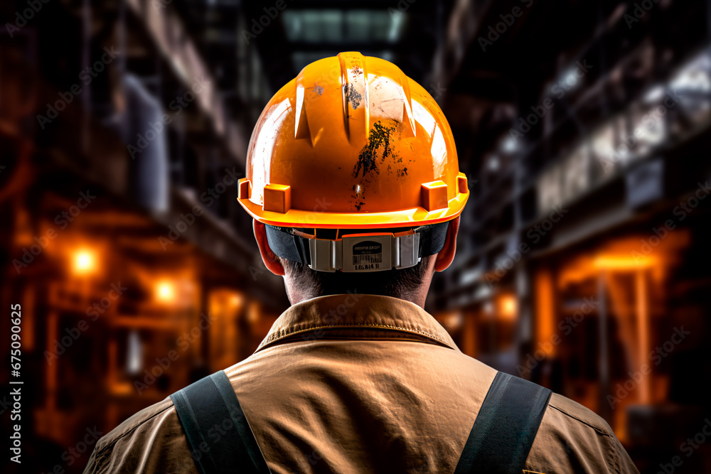 Close-up rear view of a construction worker in a safety helmet. Bright and focused image. Close-up rear view of a construction worker in a safety helmet. Bright and focused image.