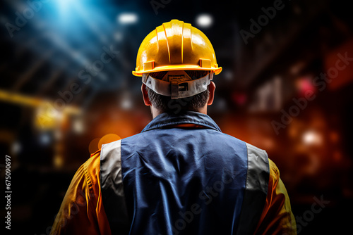 Close-up rear view of a construction worker in a safety helmet. Bright and focused image. 
