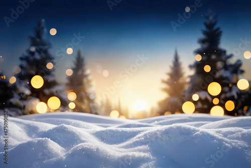 Winter Christmas natural snowy landscape, background with snow, snowdrift and defocused Christmas lights. soft light Blue and soft yellow Golden Christmas lights against blue sky. © Carmen Lee