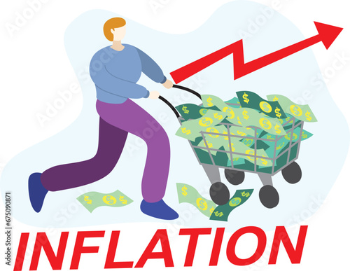 Vector flat  person business illustration inflation. man holding cash dollar symbol isolated on white background. Design element for banner, poster, web, infographic. Concept of ai in traiding photo