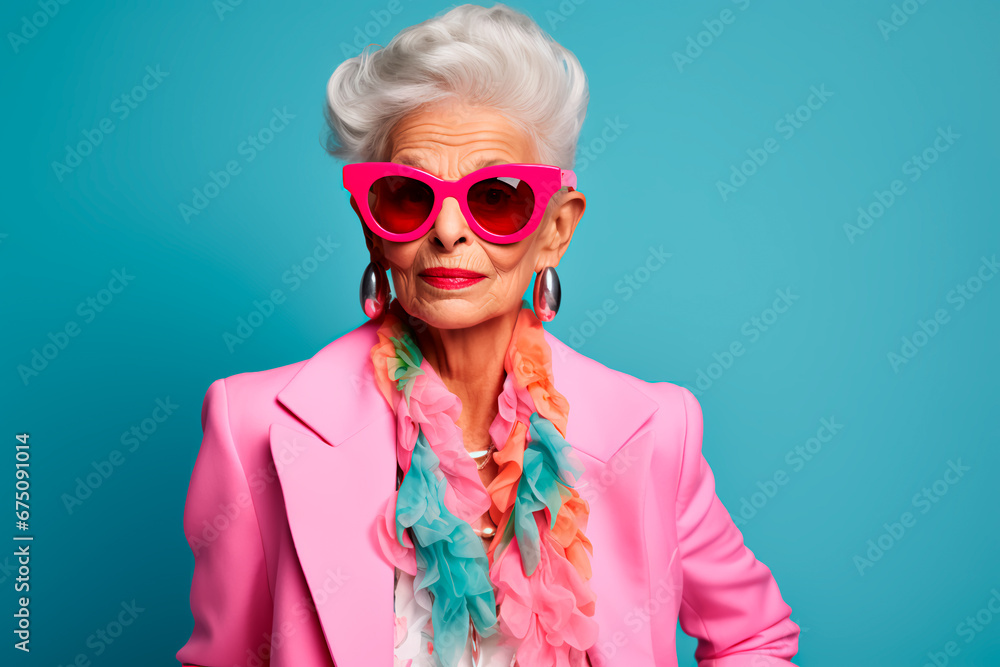 Eccentric elderly lady exuding joy, style, and humor in fashionable attire on a vibrant backdrop, representing unique seniority and lifestyle. Bright image. Eccentric elderly lady exuding joy, style, and humor in fashionable attire on a vibrant backdrop, representing unique seniority and lifestyle. Bright image.