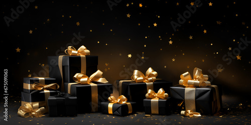 Christmas black gift boxes with golden ribbon and decoration Xmas greeting card Generative AI 