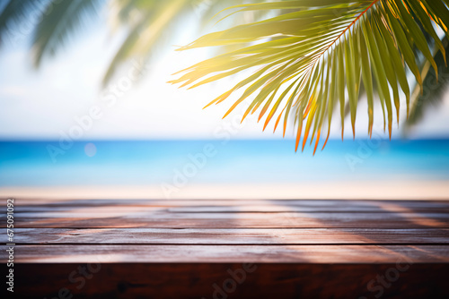 Abstract summer scene: a wooden table by the sea with blurred palm leaves and bokeh lights, creating a tranquil and atmospheric landscape. right image.  © Uliana