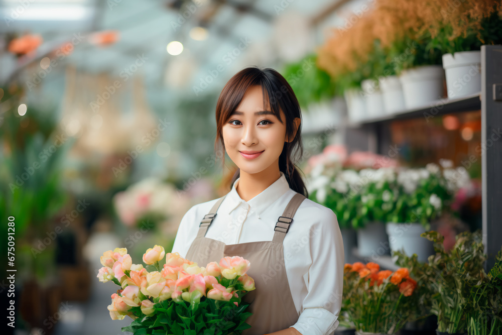 Bright image of a young Asian female florist and gardener posing in a greenhouse, embodying a small business owner in a charming flower shop. Bright image. Bright image of a young Asian female florist and gardener posing in a greenhouse, embodying a small business owner in a charming flower shop. Bright image.