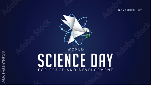 World science day for peace and development. Vector illustration of origami paper birds and science symbols. Suitable for banners, web, social media, greeting cards etc