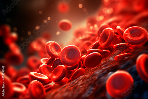 3D render depicting red blood cells in a vein with depth of field, showcasing the directional flow within a blood vessel. Bright image.  photo