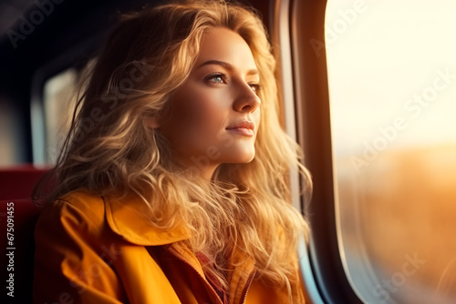 Bright image of a woman on a train, gazing through the window, capturing the essence of travel and exploration. 