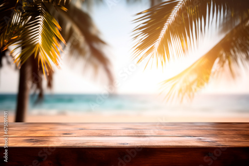 Abstract summer scene: a wooden table by the sea with blurred palm leaves and bokeh lights, creating a tranquil and atmospheric landscape. right image.  © Uliana