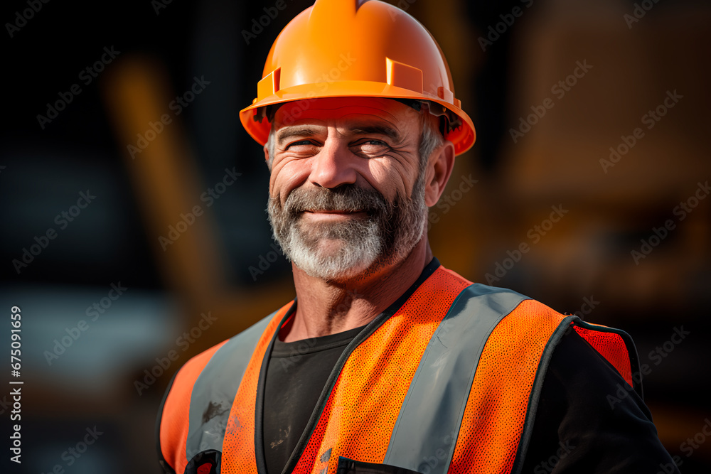 A middle-aged or older man working on a construction site, wearing a hard hat and work vest, with a smirking expression. Bright image. A middle-aged or older man working on a construction site, wearing a hard hat and work vest, with a smirking expression. Bright image.