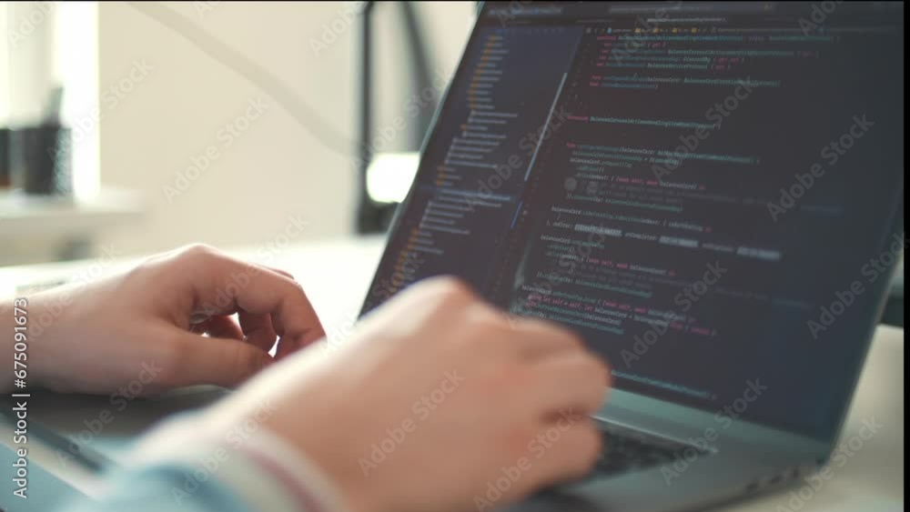 Closeup coding on screen. Man programmer hands coding html programming on screen laptop, development web, developer. IT technologies, software, concept. IT specialist work in office typing on keyboard