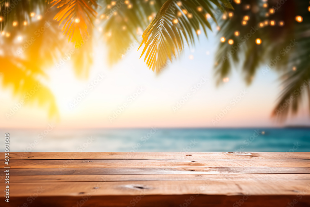 Abstract summer scene: a wooden table by the sea with blurred palm leaves and bokeh lights, creating a tranquil and atmospheric landscape. right image. Abstract summer scene: a wooden table by the sea with blurred palm leaves and bokeh lights, creating a tranquil and atmospheric landscape. right image.