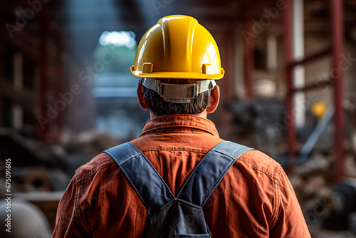Close-up rear view of a construction worker in a safety helmet. Bright and focused image. 