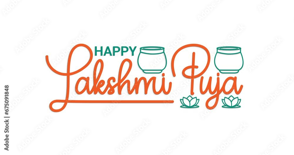 Happy Lakshmi Puja. Animation of handwritten text calligraphy with alpha channel.  Great for Lakshmi Puja Celebrations, events, and Festivals. Transparent background, easy to put into any video