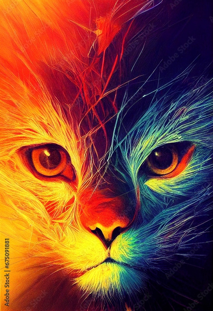 AI-generated illustration of a cat face made with colorful lines AI-generated illustration of a cat face made with colorful lines
