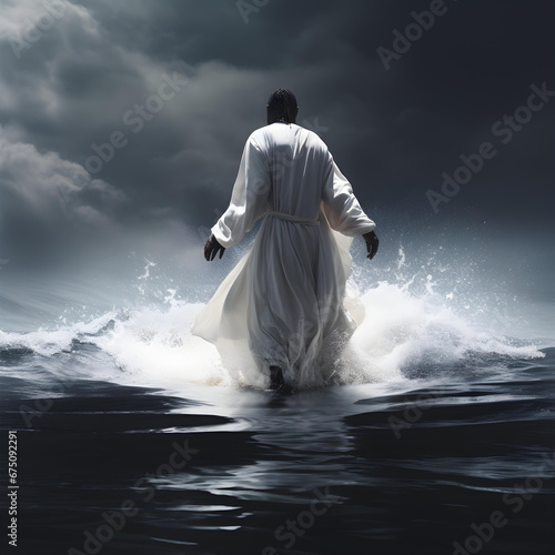 black messiah walking on water in white robe