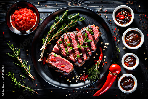 Delicious Juicy Steak - Downview Menu with Deep Black Wooden Background with Herbs and Seasoning generative AI photo