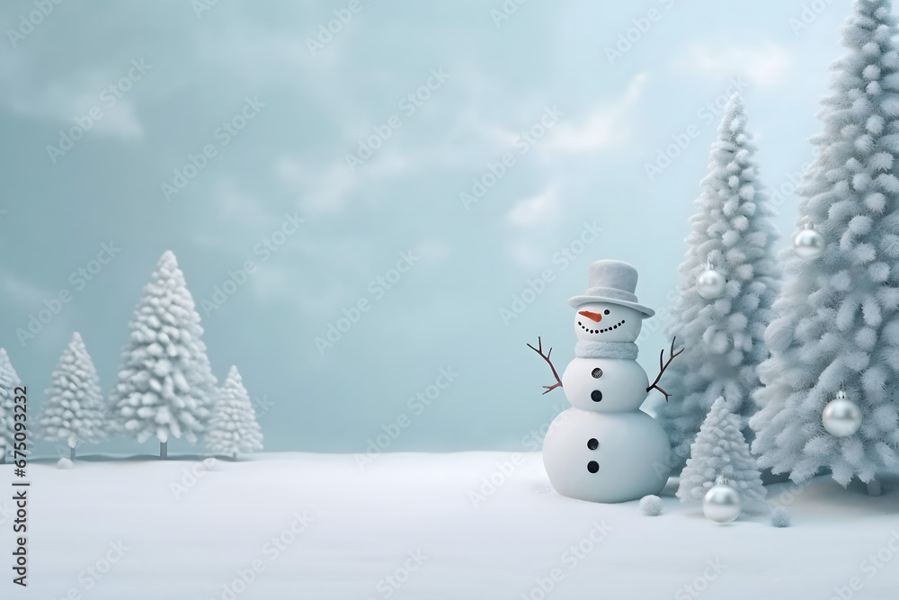 Obraz premium christmas tree decorations, santa claus with gifts, snowman in the snow, christmas gift boxes
