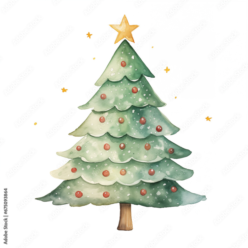 Watercolor Christmas tree with star, hand draw illustration on white background Watercolor Christmas tree with star, hand draw illustration on white background