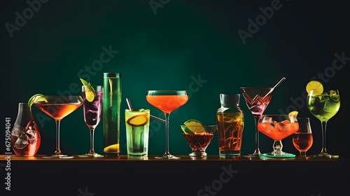 Alcoholic cocktails set, strong drinks and aperitifs, bar tools, bottles on dark green background, hard light. Martini vodka, pink lady, aperol spritz, margarita, old fashioned cocktail in glasses photo