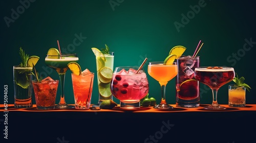 Alcoholic cocktails set, strong drinks and aperitifs, bar tools, bottles on dark green background, hard light. Martini vodka, pink lady, aperol spritz, margarita, old fashioned cocktail in glasses photo
