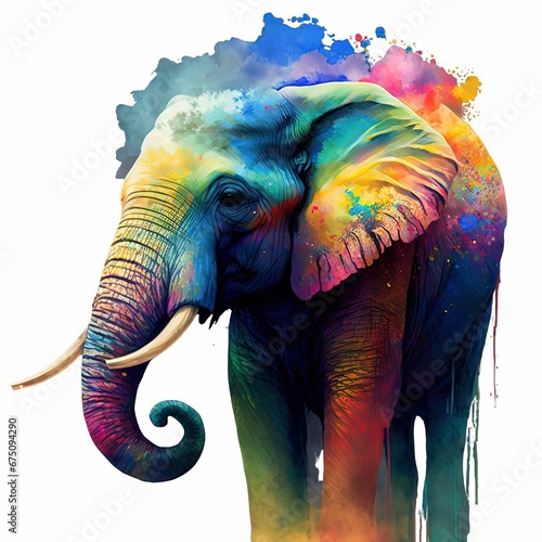 AI generated illustration of a rainbow watercolor elephant isolated on a white background