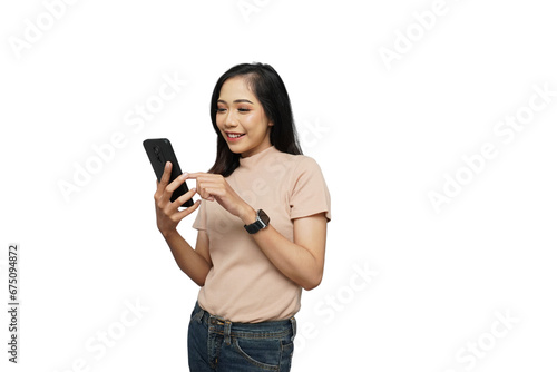 Beautiful Asian Girl Texting Cutout Isolated Background