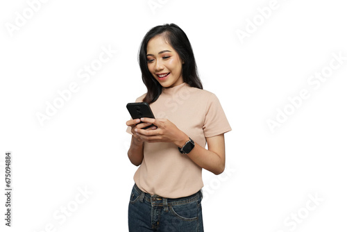Beautiful Asian Girl Texting Cutout Isolated Background