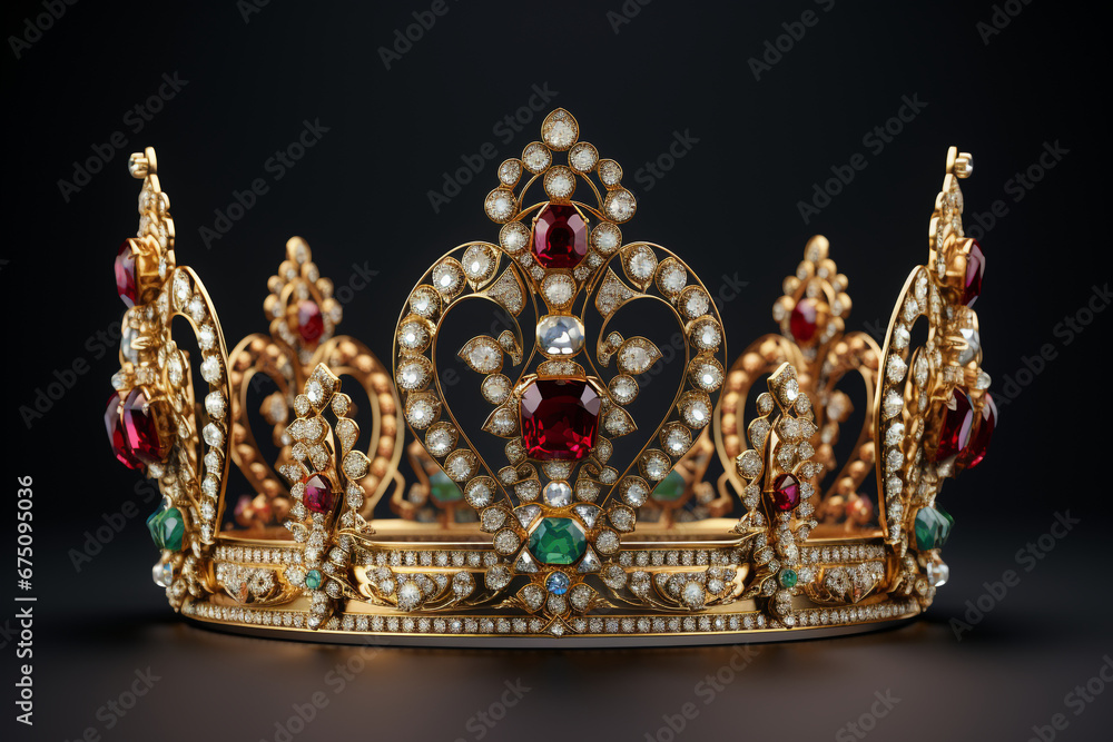 3d royal golden crown with red and green diamonds on isolated background. Textured king gold crown. 3d rendering illustration 3d royal golden crown with red and green diamonds on isolated background. Textured king gold crown. 3d rendering illustration