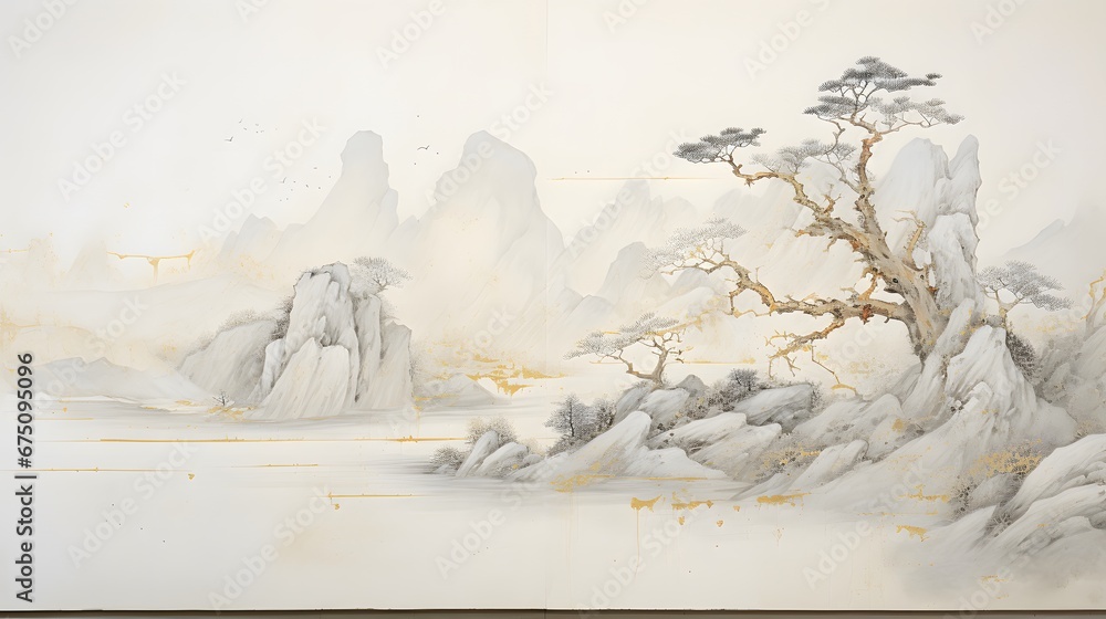 Paste up, lacquer painting, relief, minimalist composition Chinese landscape 