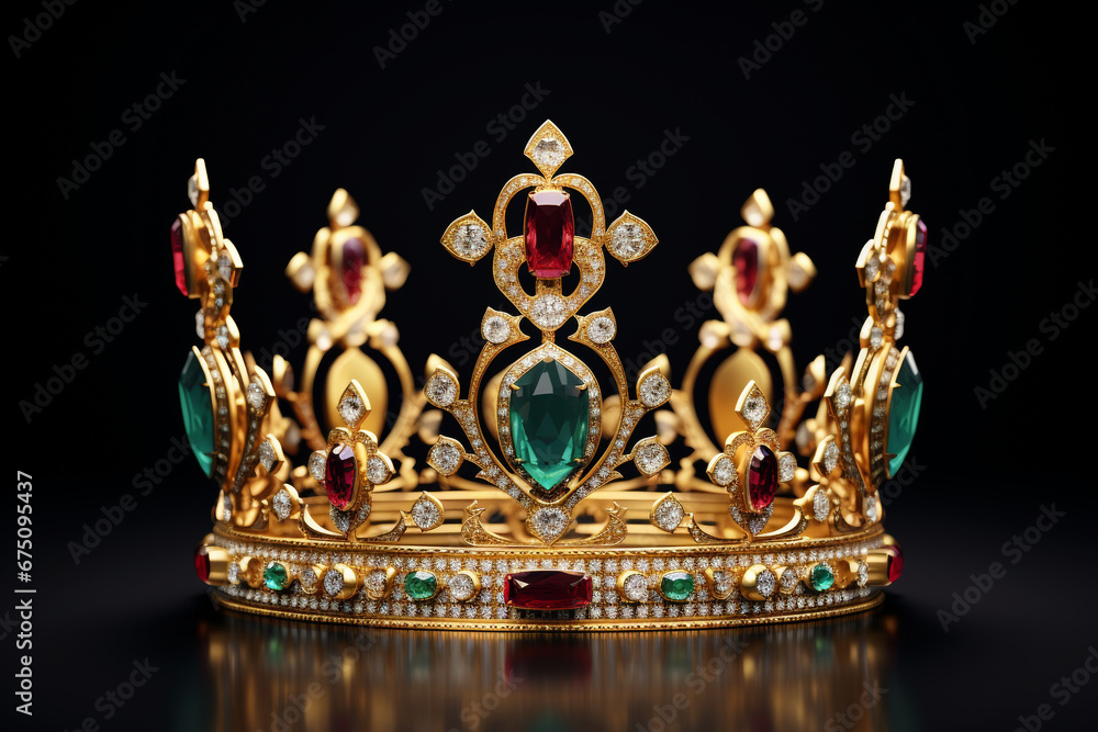 3d royal golden crown with red and green diamonds on isolated background. Textured king gold crown. 3d rendering illustration 3d royal golden crown with red and green diamonds on isolated background. Textured king gold crown. 3d rendering illustration