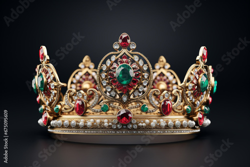 3d royal golden crown with red and green diamonds on isolated background. Textured king gold crown. 3d rendering illustration
