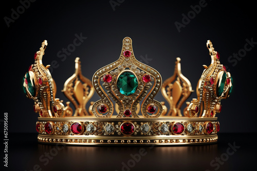 3d royal golden crown with red and green diamonds on isolated background. Textured king gold crown. 3d rendering illustration